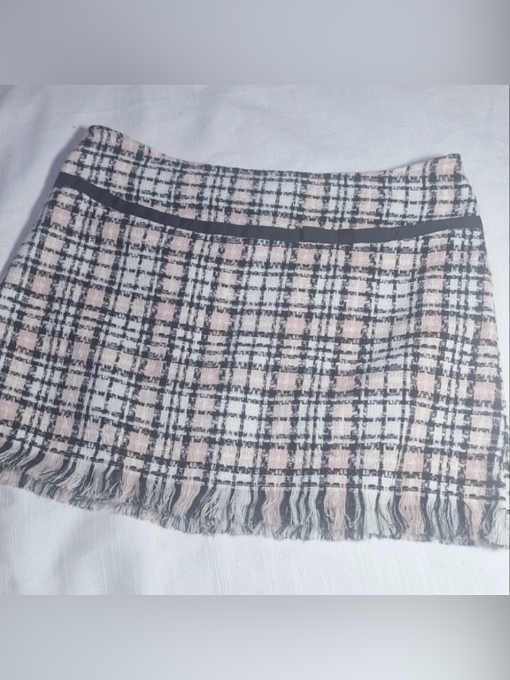 Y2K 90s Pink White & Black Plaid Tweed Mini Skirt Size 15 XL